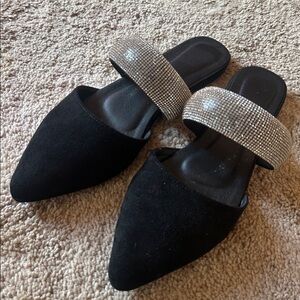 Black Pointed Flats with Rhinestone Straps